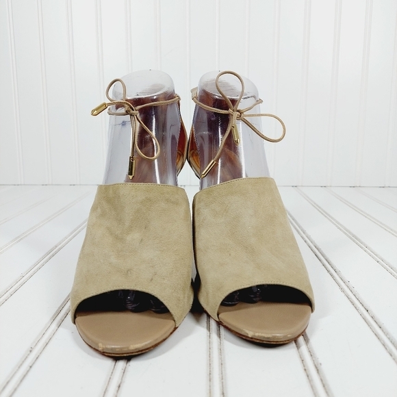 Aquazzura Estelle Leather Suede Cream Grey Taupe Ankle Tie Peep Toe Heels B462 - Picture 3 of 13